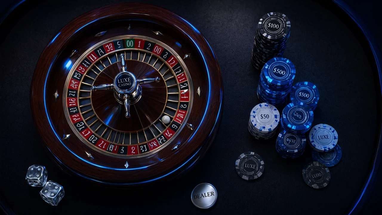 Casinotisch mit Roulette und blauen Neon-Reflexionen — neue Online Casinos 2026
