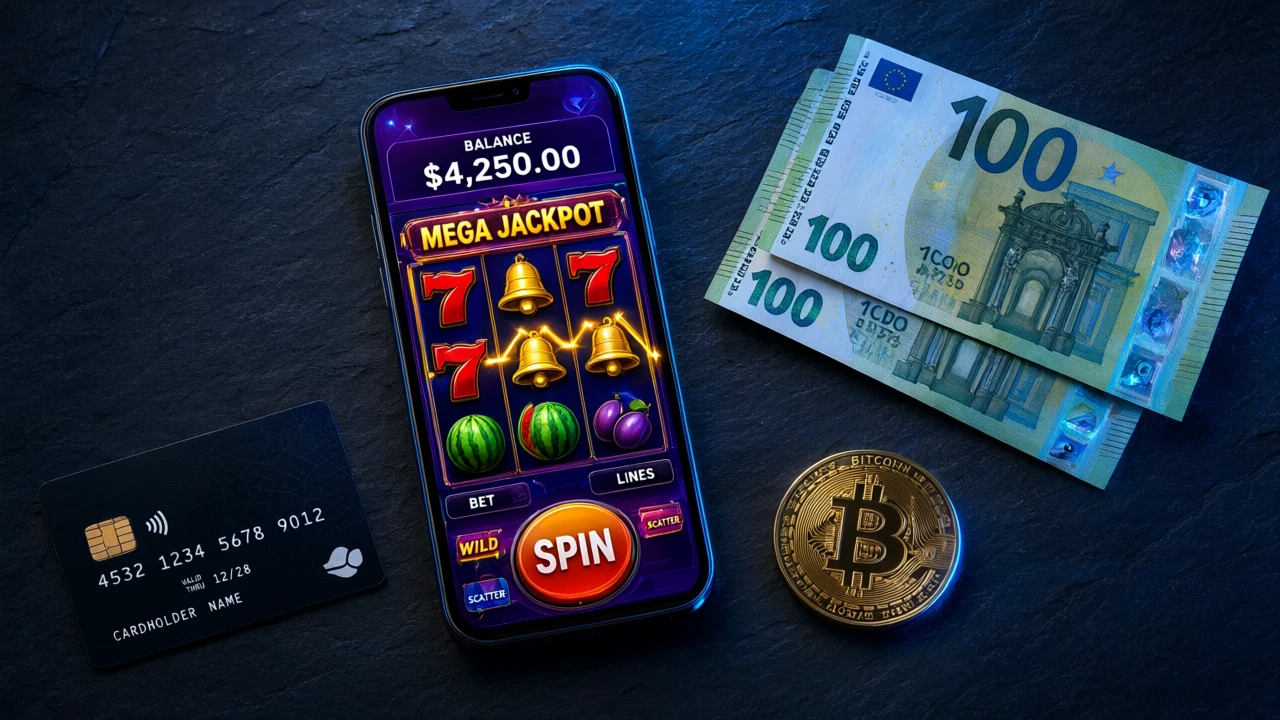 Smartphone mit Casino-App neben Bitcoin-Münze und Euro-Scheinen — Zahlungsmethoden neue Online Casinos